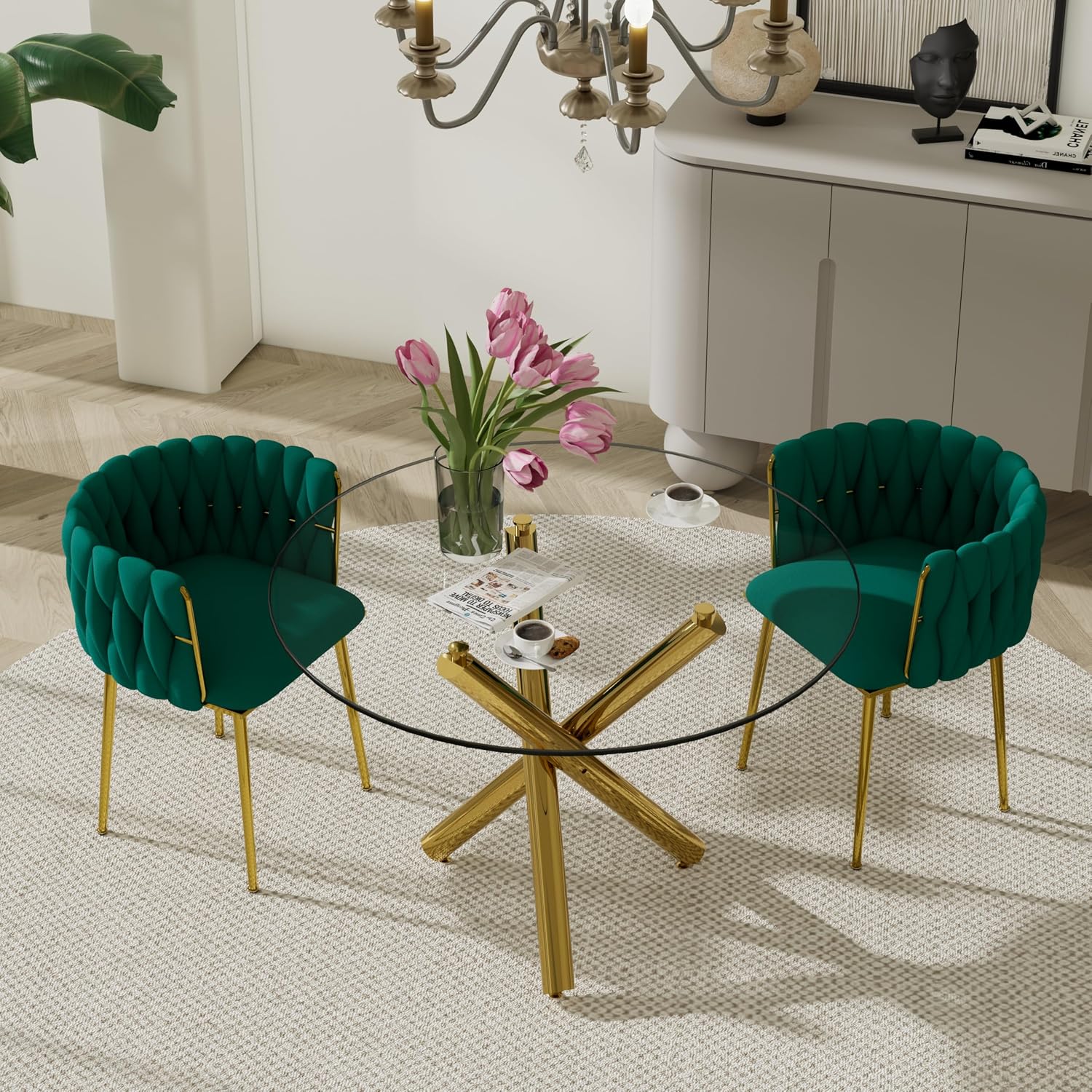 Gold Luxury Round Dining Table Set for 2, 3 Pcs Modern Minimalist Circle Dinner Room Set, 36'' Clear Circular Glass Top Kitchen Table with Green Woven Chairs Set, for Home Small Apartment
