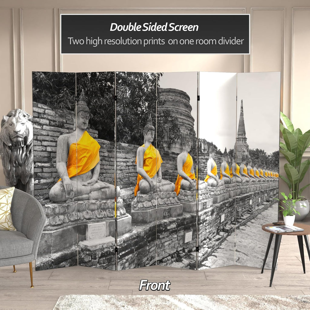 Red Lantern 6 ft. Tall Double Sided Golden Buddhas Room Divider 6 Panel Freestanding Folding Privacy Screen, Partition, and Separator for Modern and Contemporary Bedroom, Home Office, Studio, Dorm