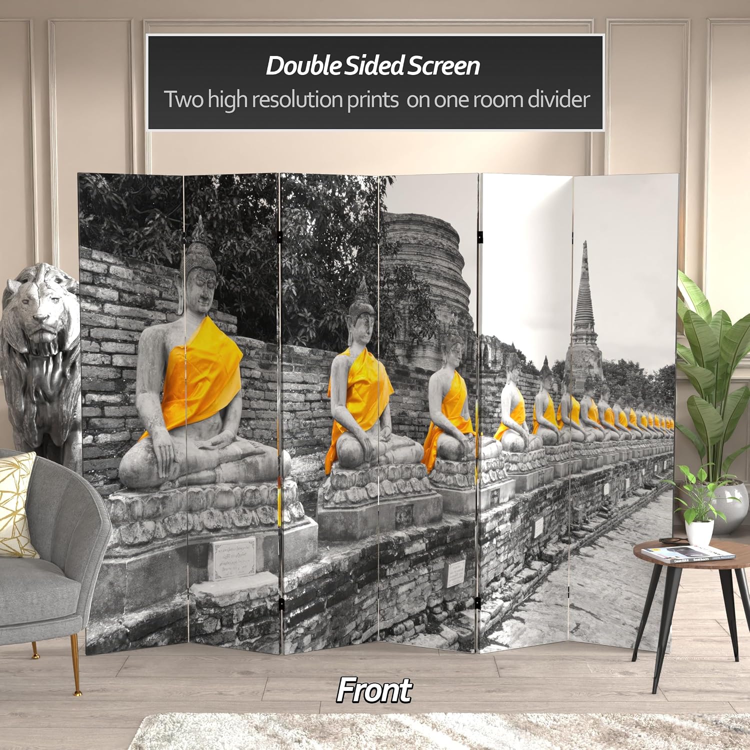 Red Lantern 6 ft. Tall Double Sided Golden Buddhas Room Divider 6 Panel Freestanding Folding Privacy Screen, Partition, and Separator for Modern and Contemporary Bedroom, Home Office, Studio, Dorm
