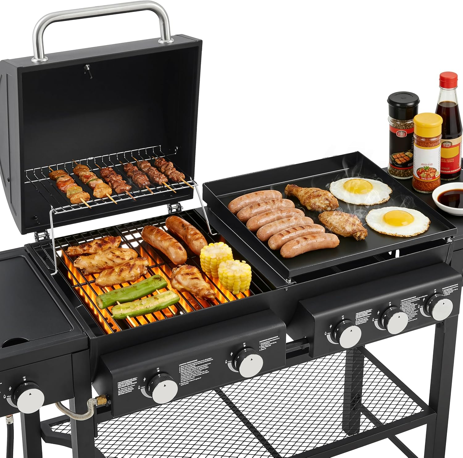 All in One Propane Gas Grill and Griddle Combo, 5 Burners 56000 BTU, 745 Sq.In Cooking Space, Side Burner, Storage Shelves, Wheeled Freestanding Outdoor Grill for Backyard and Patio Cooking