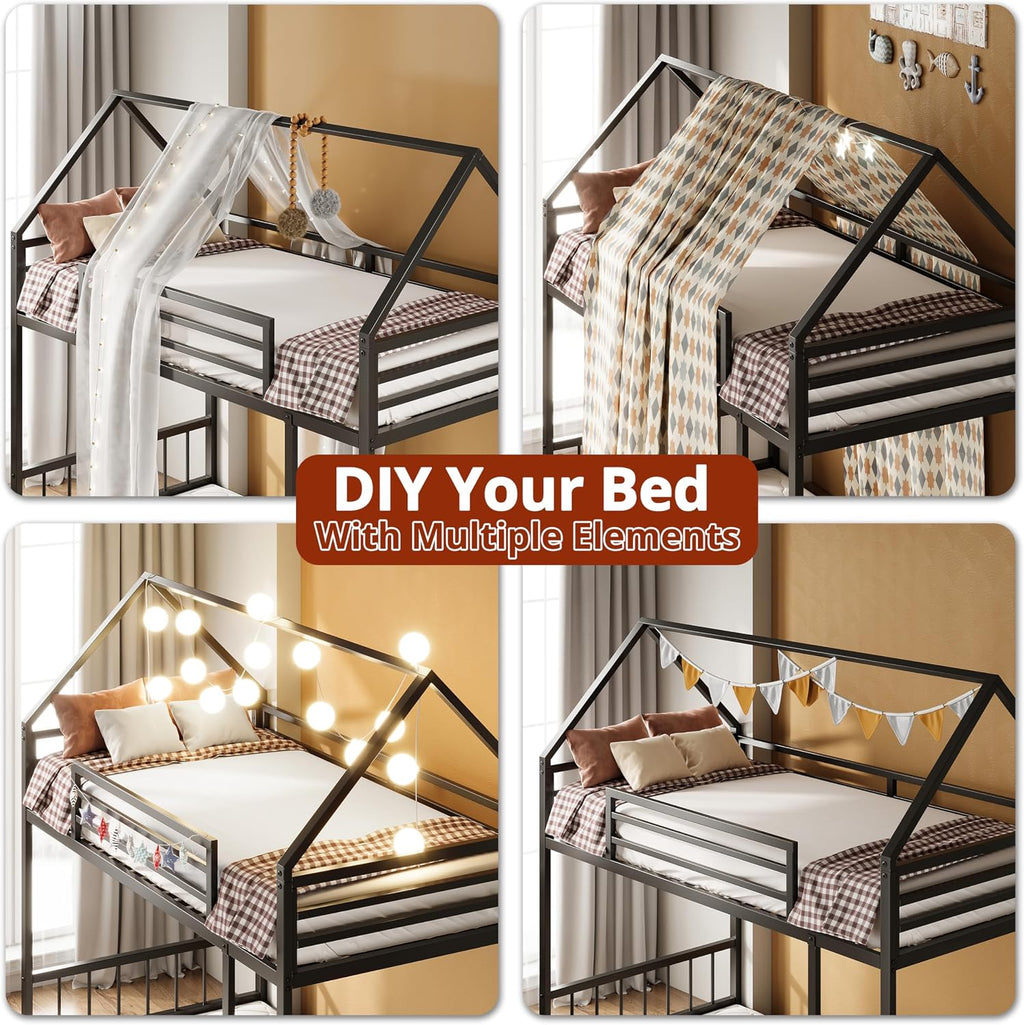 LIKIMIO Bunk Bed Twin Over Twin, House Bunk Bed Frame with Ladder and Guardrail, House Shaped with Metal Slats for Dormitory and Bedroom, Space Saving, No Box Spring Needed, Black