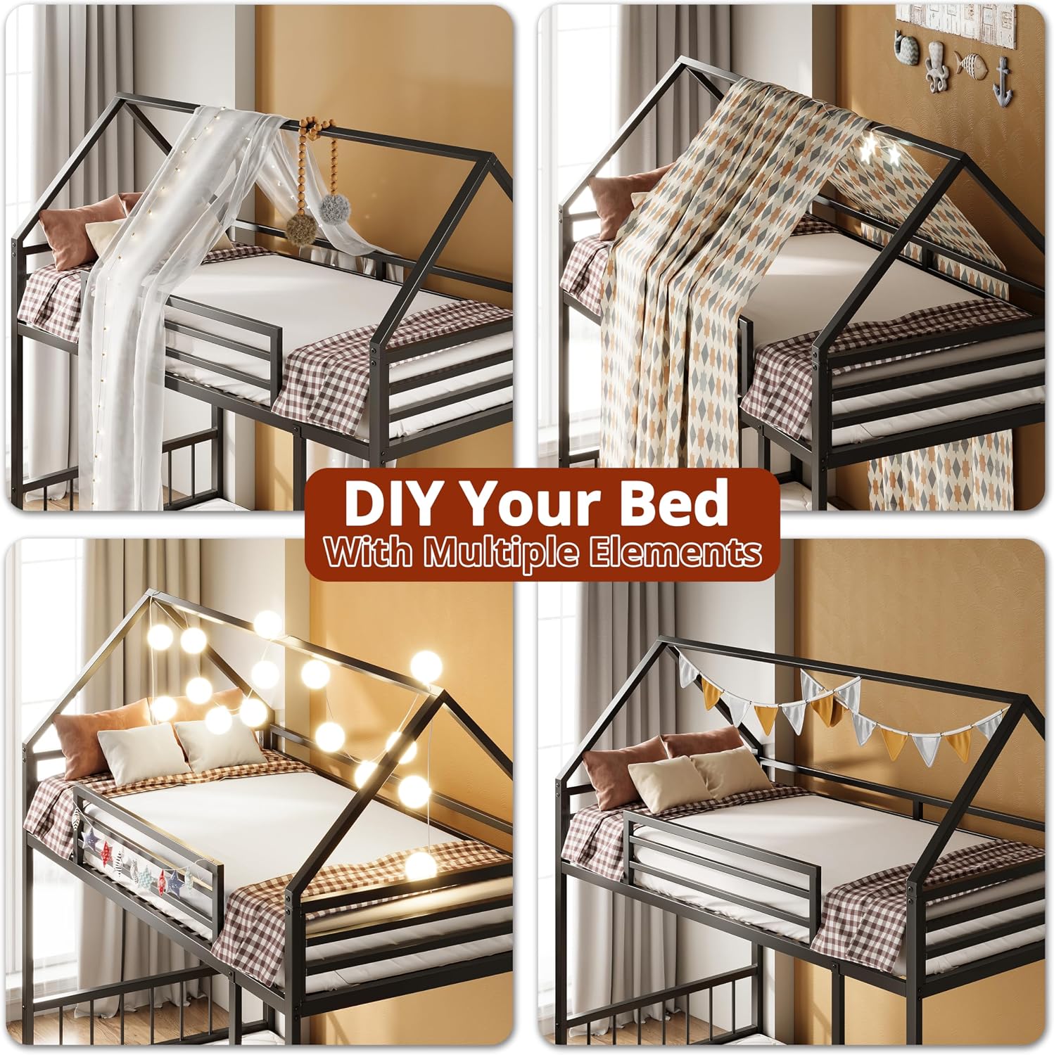 LIKIMIO Bunk Bed Twin Over Twin, House Bunk Bed Frame with Ladder and Guardrail, House Shaped with Metal Slats for Dormitory and Bedroom, Space Saving, No Box Spring Needed, Black
