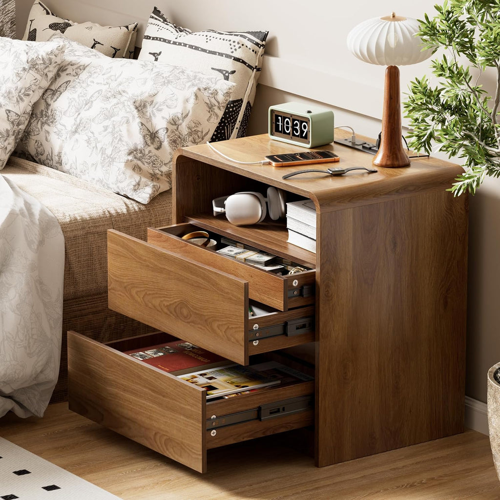 23.8' Modern Nightstand with Hidden Drawers Walnut Night Stand with Charger Station Mid Century Bedside Table Curved Wood Side Table for Bedroom Dorm