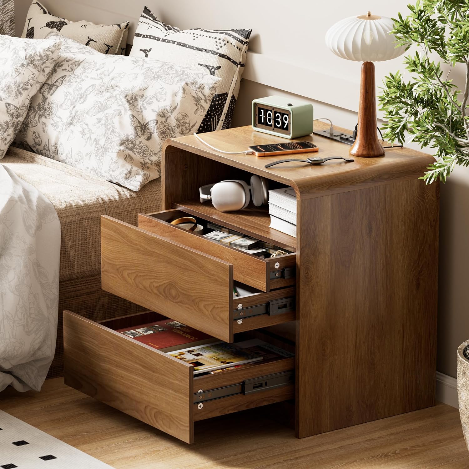 23.8' Modern Nightstand with Hidden Drawers Walnut Night Stand with Charger Station Mid Century Bedside Table Curved Wood Side Table for Bedroom Dorm