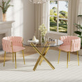 3 Pieces Gold Luxury Round Dining Table Set, Modern Minimalist Circle Dinner Room Set, 36'' Clear Circular Glass Top Kitchen Table with Pink Woven Chairs Set of 2, for Bedroom Small Apartment