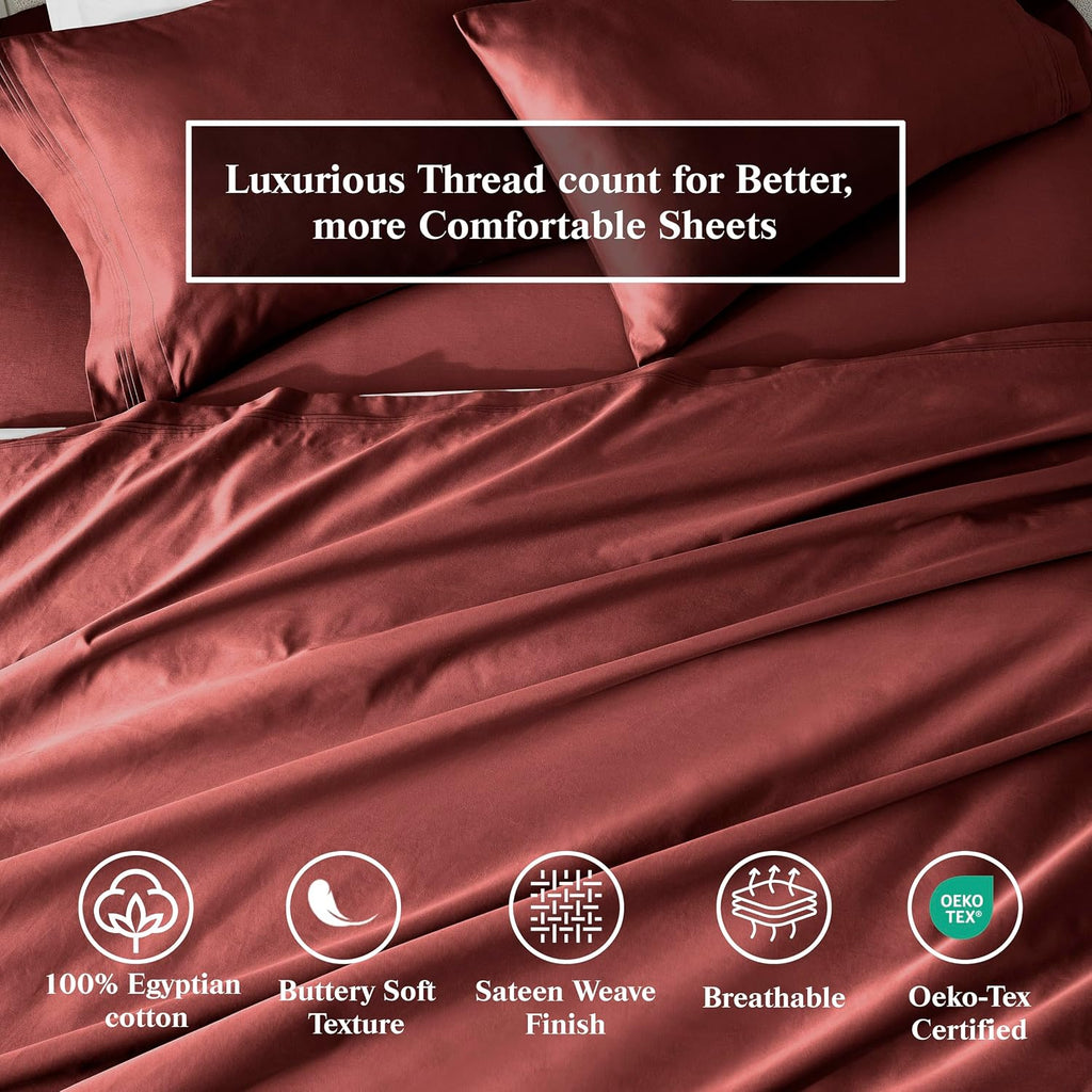 Superior Egyptian Cotton 4 Piece Sheet Set, 650 Thread Count, Modern Design, Sustainable Sheets, Ultra-Soft Basics, Solid, Deep Pocket Fitted Sheet, Flat Sheet, Pillowcases, King, Burgundy
