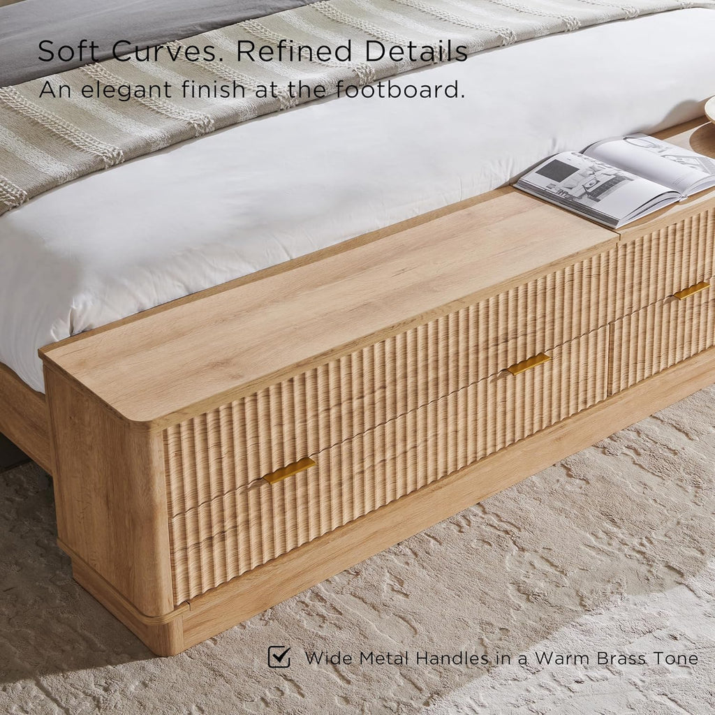 T4TREAM Fluted King Size Bed Frame with Wingback Headboard, Footboard Storage Bench with Built-in Drawers & Lift-Up Compartments, Wood & Steel Platform Bed, No Box Spring Needed, Natural Oak