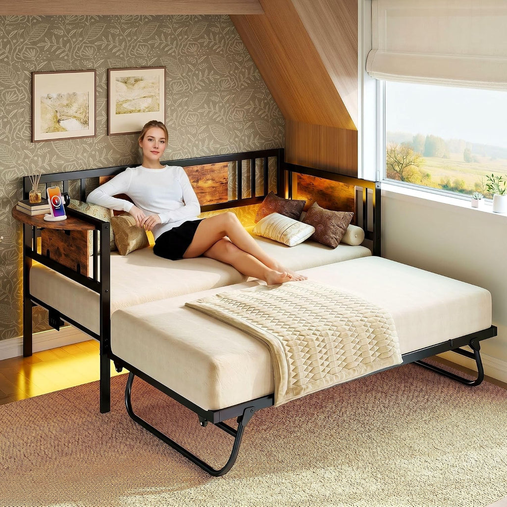 LIKIMIO Daybed with Trundle & Foldable Headboard, 700lbs Metal Twin Bed Frame with LED Lights and Charging Station, Industrial Day Bed for Bedroom, Living Room, Black