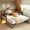 LIKIMIO Daybed with Trundle & Foldable Headboard, 700lbs Metal Twin Bed Frame with LED Lights and Charging Station, Industrial Day Bed for Bedroom, Living Room, Black