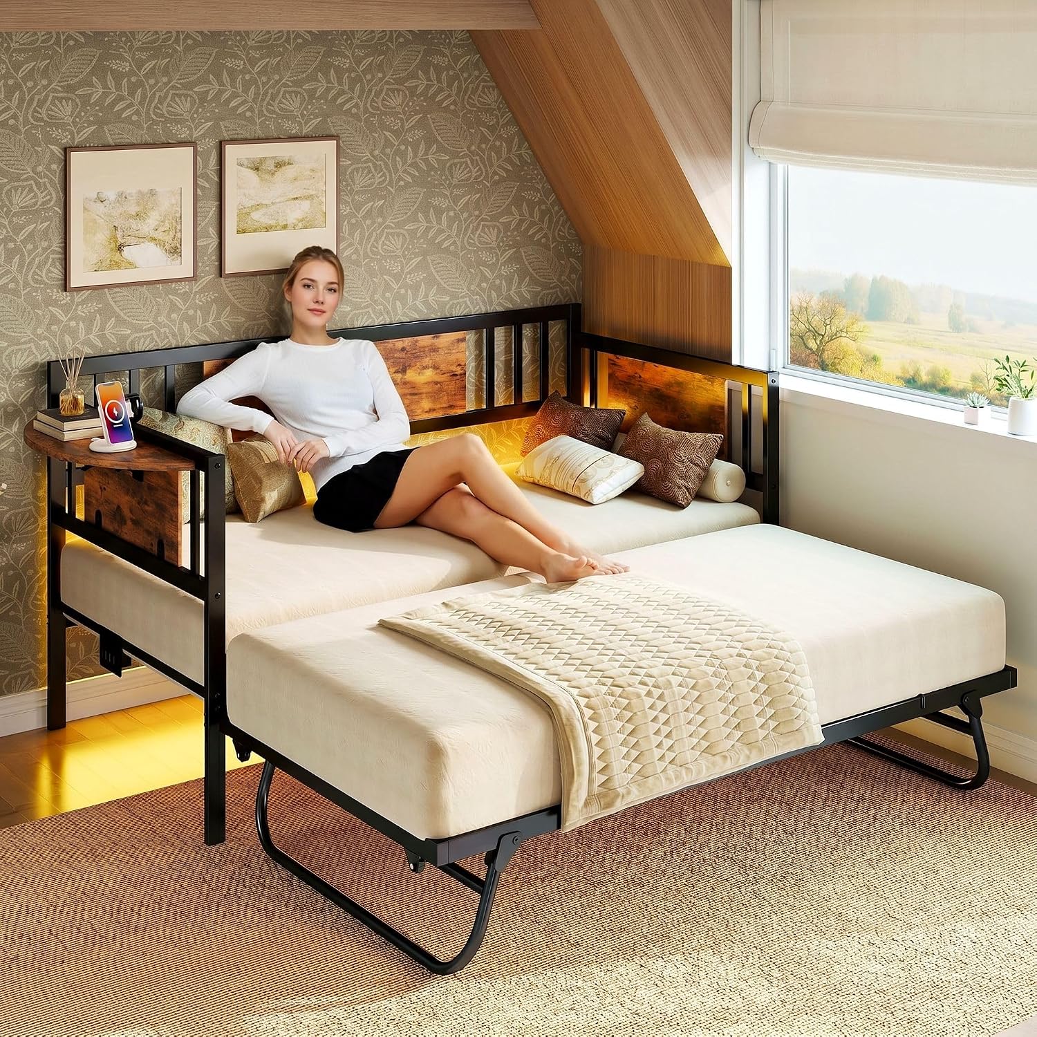 LIKIMIO Daybed with Trundle & Foldable Headboard, 700lbs Metal Twin Bed Frame with LED Lights and Charging Station, Industrial Day Bed for Bedroom, Living Room, Black