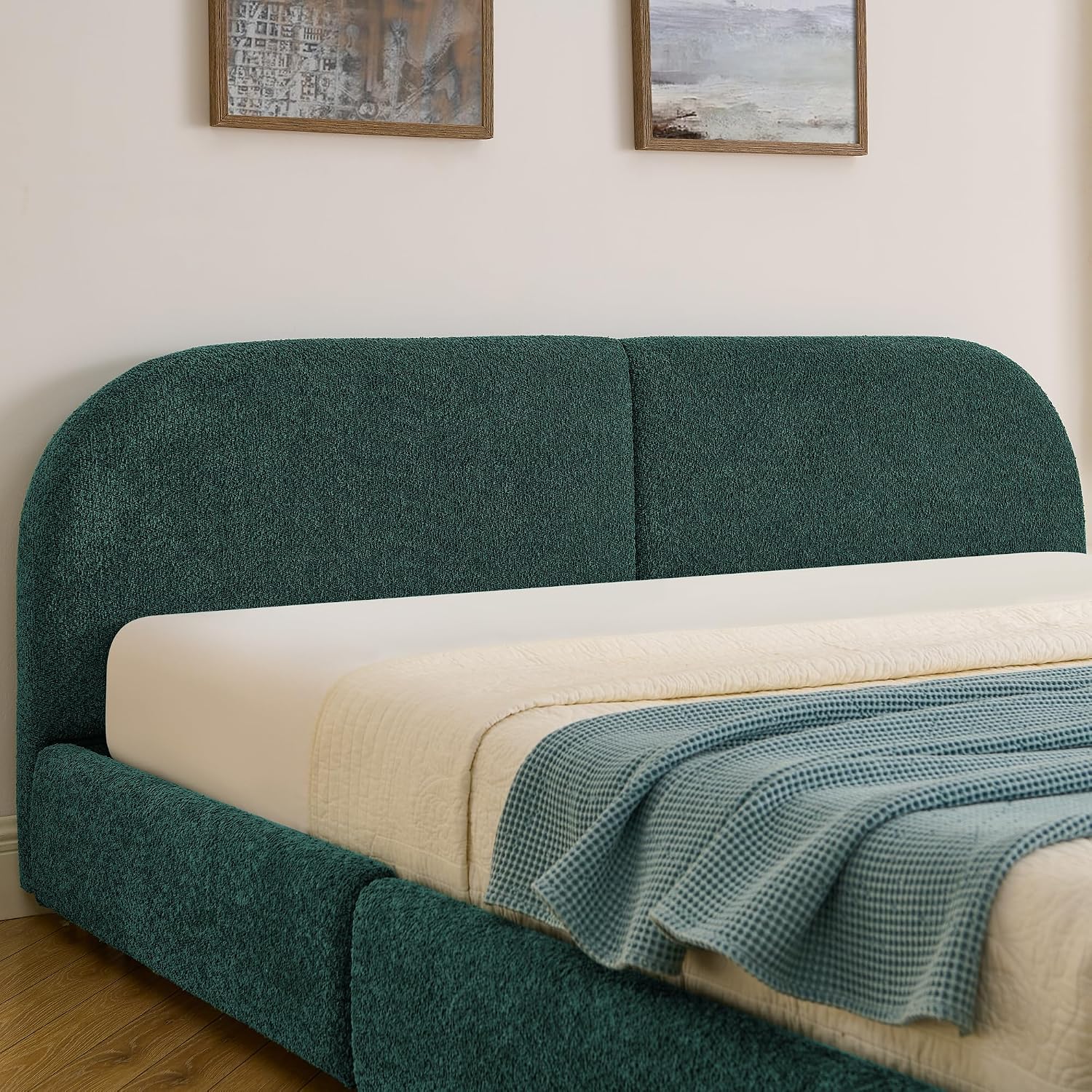 King Size Floor Bed Frame with 4 Wheeled Storage Drawer and Tall Curved Headboard, Modern Minimalist Style Upholstered Platform Bed Frame, Wooden Slats Support, Easy Assembly, Green