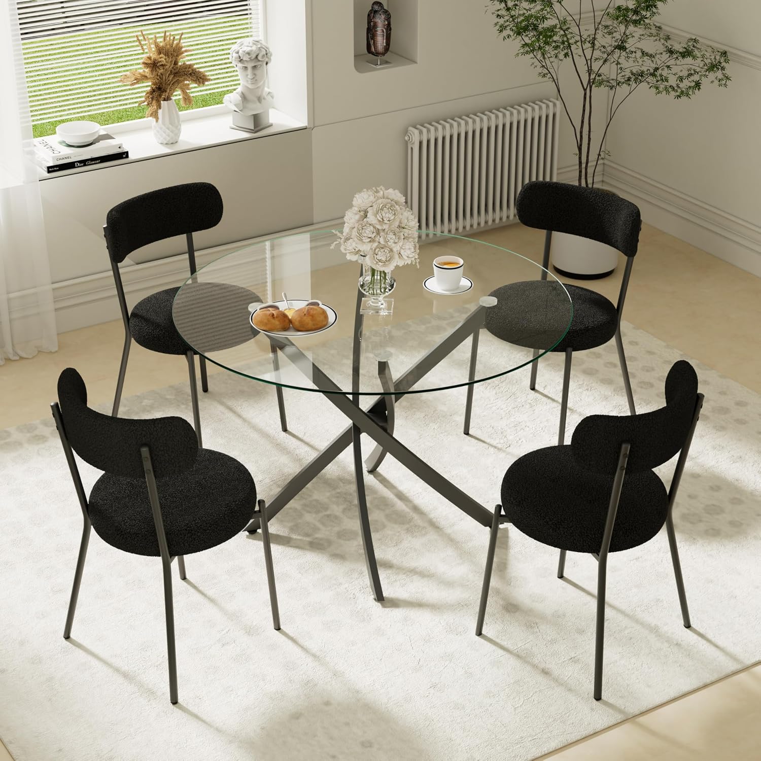 RGZ 5 Pieces Modern Black Round Kitchen Table Set, Clear Circle Glass Dining Table with Black Boucle Chairs Set of 4, 36'' Small Luxury Circular Dinner Room Set, for Home Apartment Bedroom Café