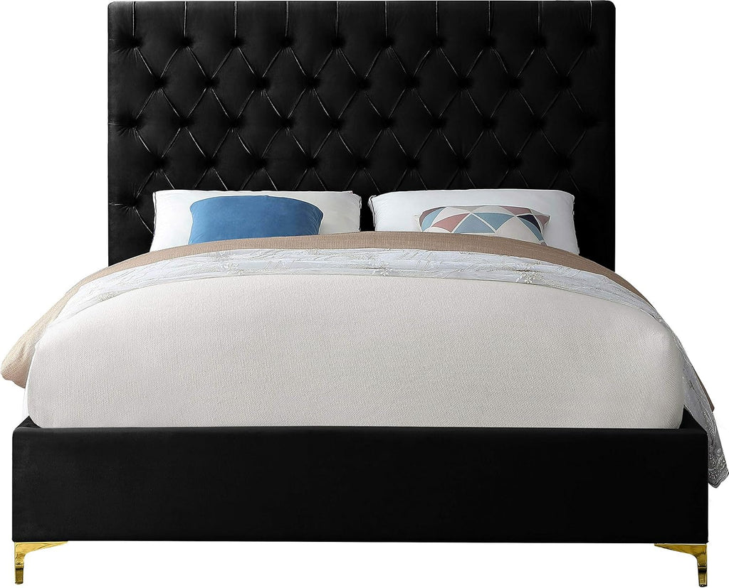 Meridian Furniture Cruz Collection Modern | Contemporary Velvet Upholstered Bed with Deep Button Tufting and Complete Sets of Gold and Chrome Legs Included, Full, Black