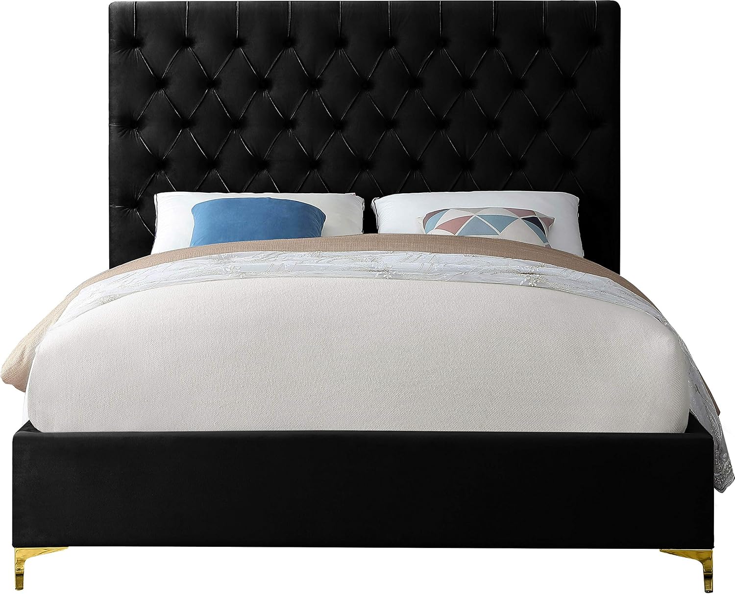 Meridian Furniture Cruz Collection Modern | Contemporary Velvet Upholstered Bed with Deep Button Tufting and Complete Sets of Gold and Chrome Legs Included, Full, Black