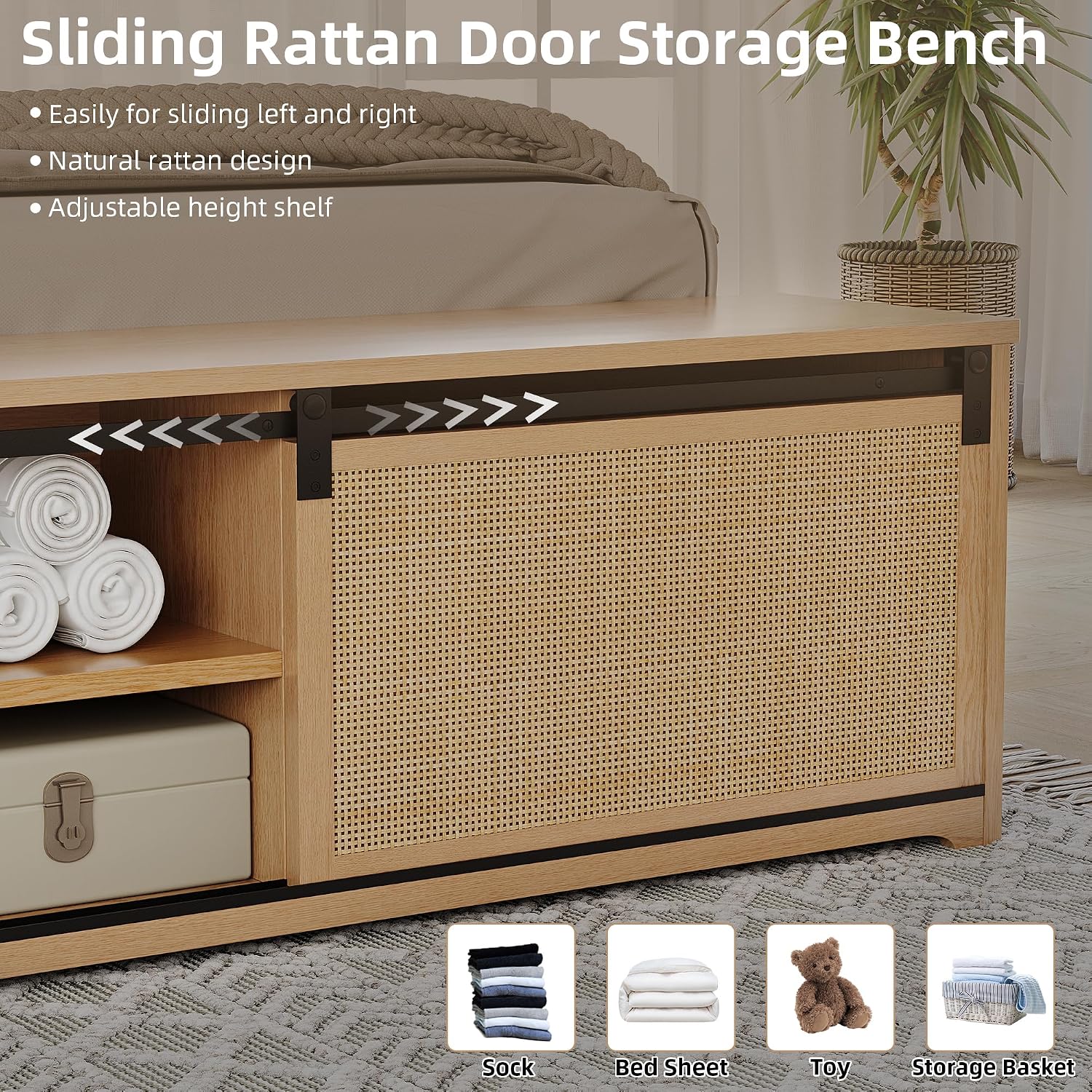 GarveeHome Natural Rattan Full Size Bed Frame with Sliding Barn Door Storage Cabinets, LED Light Headboard, Boho Farmhouse Wood Platform Bed with Solid Wood Legs Support, No Box Spring Needed