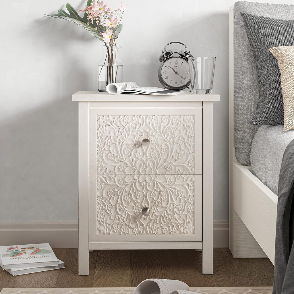 COZAYH Set of 2 Farmhouse Fully-Assembled Nightstand with 2-Drawer, Flower Motif End Table for Small Spaces, French Country, Modern, Distressed Finish, White-Washed