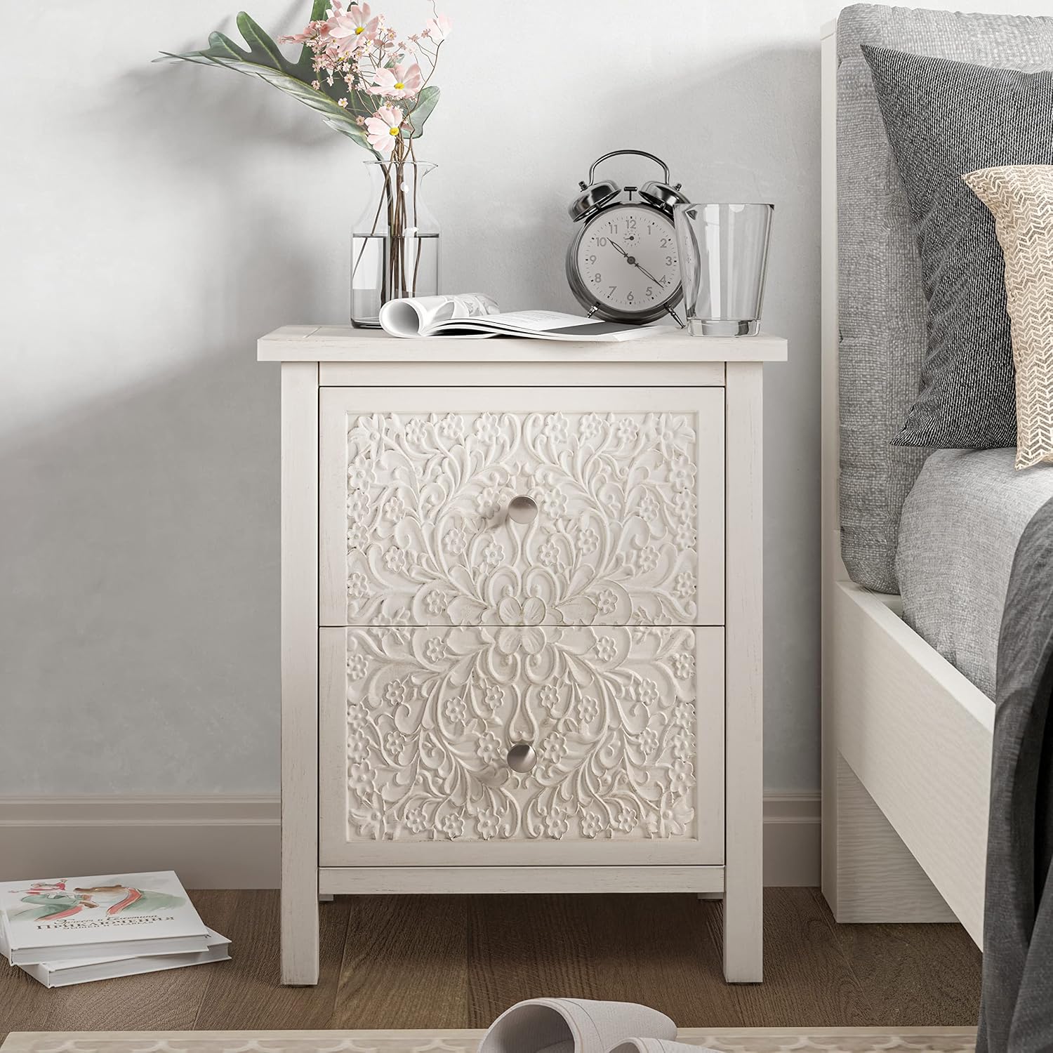 COZAYH Set of 2 Farmhouse Fully-Assembled Nightstand with 2-Drawer, Flower Motif End Table for Small Spaces, French Country, Modern, Distressed Finish, White-Washed