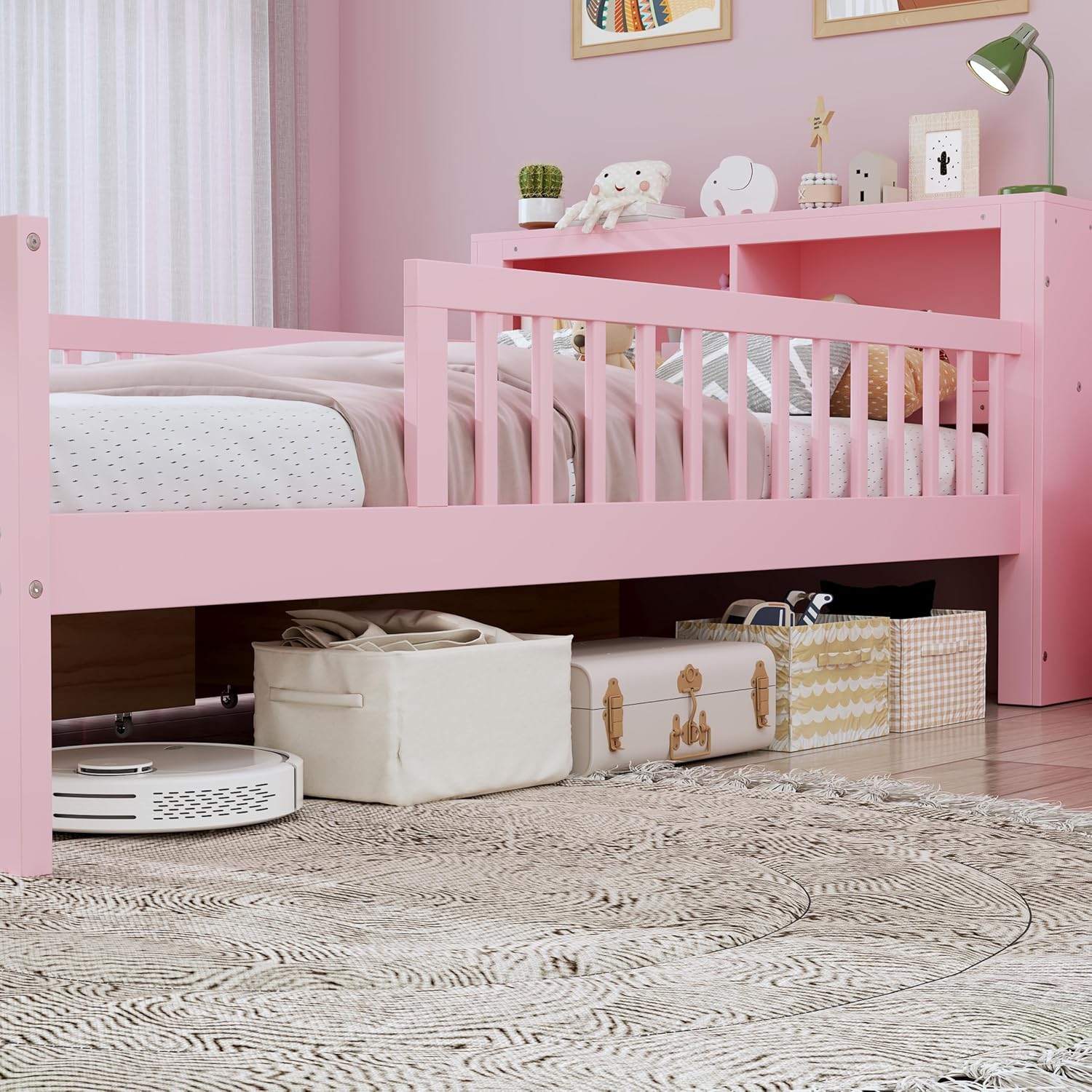 VilroCaz Wood Twin Size Platform Bed with Safety Fence for Kids Boys Girls, Platform Bed Frame with Practical Headboard and 2 Under-Bed Drawers, Sturdy Slats Support (Pink-3.15)