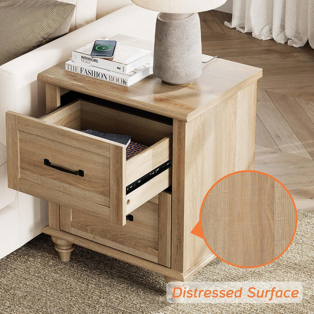 WAMPAT 4 Piece Bedroom Set, Set of 2 Wooden Dressers with 3 Drawers, Set of 2 Rattan Bedside Table Side Tables with Charging Station, 4 Piece Dresser and Nightstand Sets, Oak
