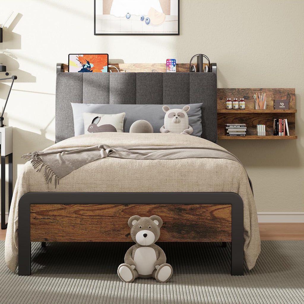 Feonase Twin Bed Frame, 14.5 Inch Metal Platform Bed with 1 Hidden Storage Shelf, Ergonomic Upholstered Headboard with Outlets, Easy Assembly, No Box Spring Needed