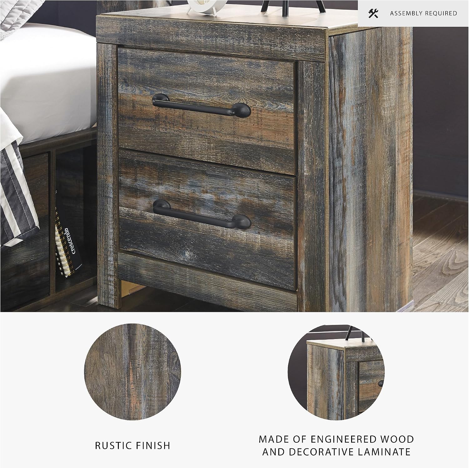 Signature Design by Ashley Drystan Rustic Industrial 2 Drawer Nightstand with 2 Slim-Profile USB Charging Stations, 24.37' Tall, Weatherworn Brown