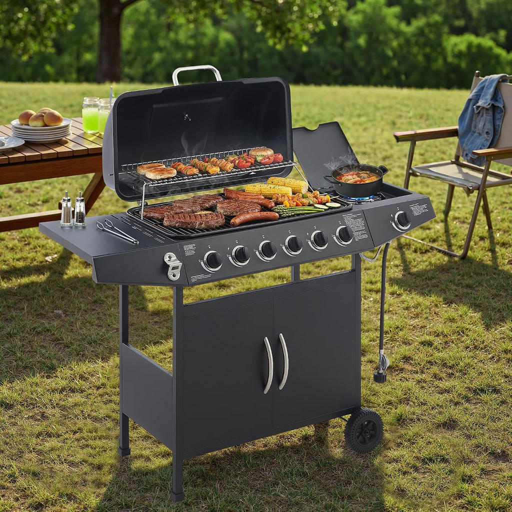 Black 6 Burner Propane Gas BBQ Grill with Side Burner, 59000 BTU Output Stainless Steel Barbecue Grill with Enameled Grates and Side Tables for Outdoor Cooking Patio Backyard (6+1)