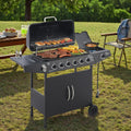 Black 6 Burner Propane Gas BBQ Grill with Side Burner, 59000 BTU Output Stainless Steel Barbecue Grill with Enameled Grates and Side Tables for Outdoor Cooking Patio Backyard (6+1)