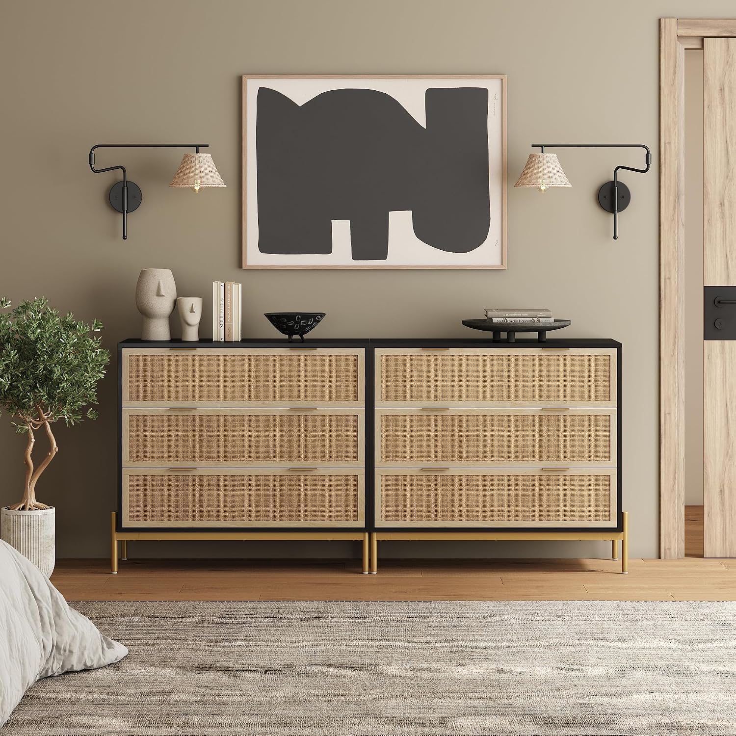 Nathan James Andrew 3-Drawer Chest Rattan Dresser, Bohemian Deep Drawer Dresser for Bedroom with Natural Rattan Accent and Metal Legs, Matte Black, Set of 2