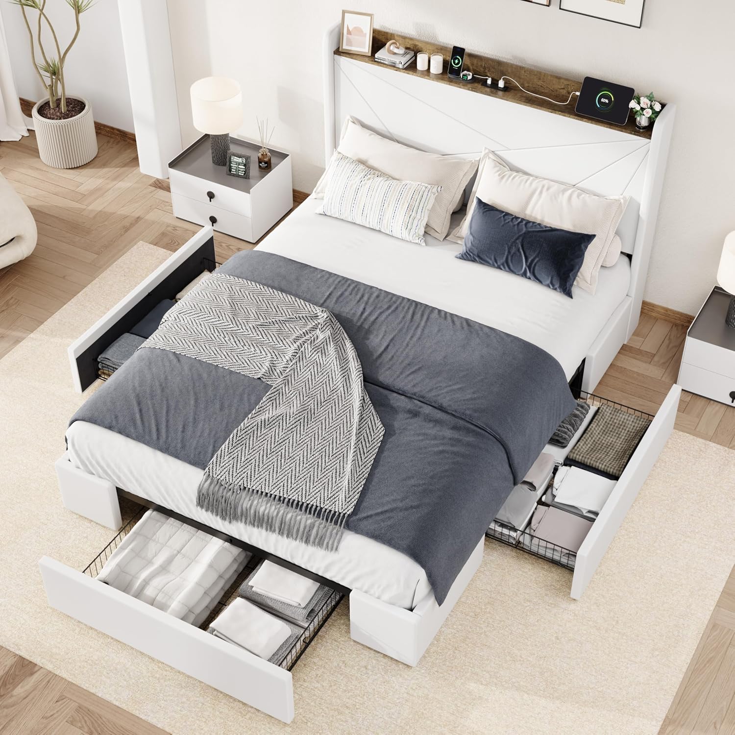 Allewie Queen Size Velvet Bed Frame with 3 Storage Drawers, Upholstered Platform Bed with Wingback Storage Headboard and USB Ports, No Box Spring Needed, Easy Assembly, White