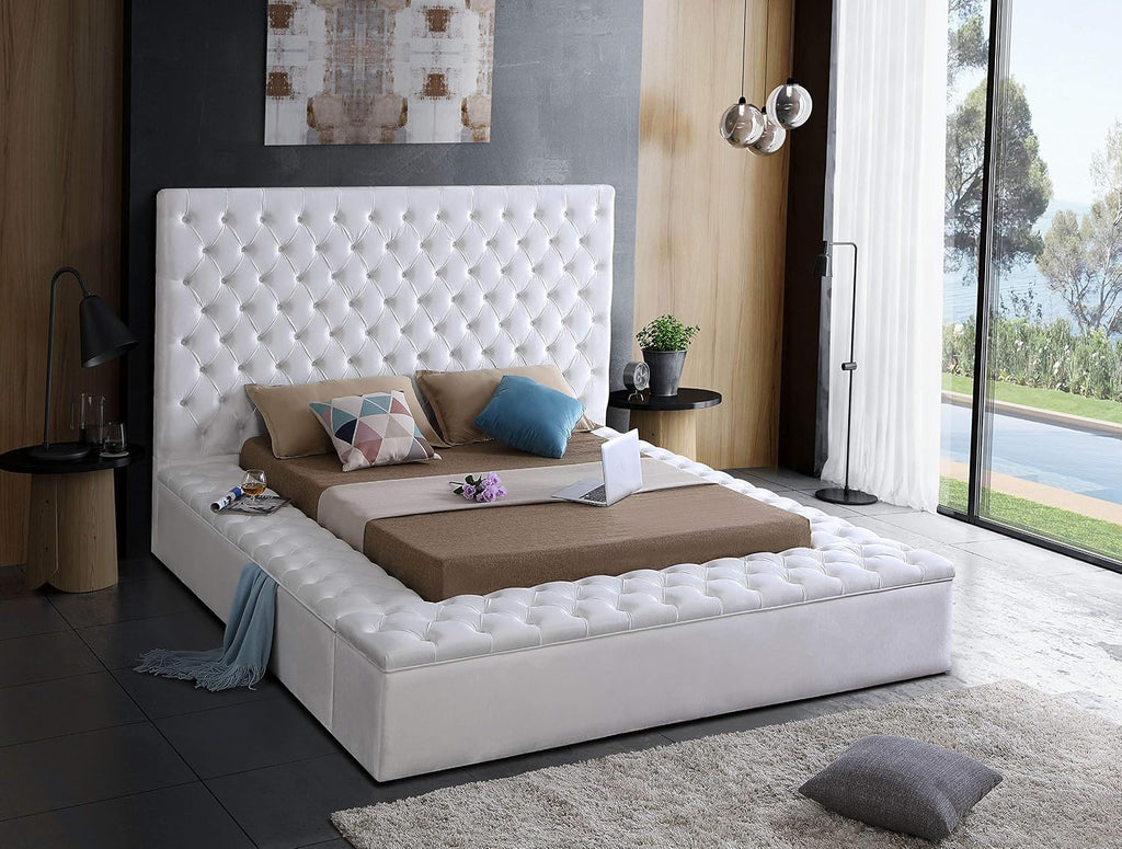 Meridian Furniture Bliss Collection Modern | Contemporary Velvet Upholstered Bed with Deep Button Tufting and Storage Compartments in Rails and Footboard, White, King