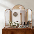BAODANFU 3 Way Mirror Bathroom, Trifold Vanity Mirrors for Bathroom Bedroom, Large Arch Mirrors Decorative Vintage Gold, Adjustable Makeup Mirror for Braiding Hair 360° Way Tabletop & Wall Mounted