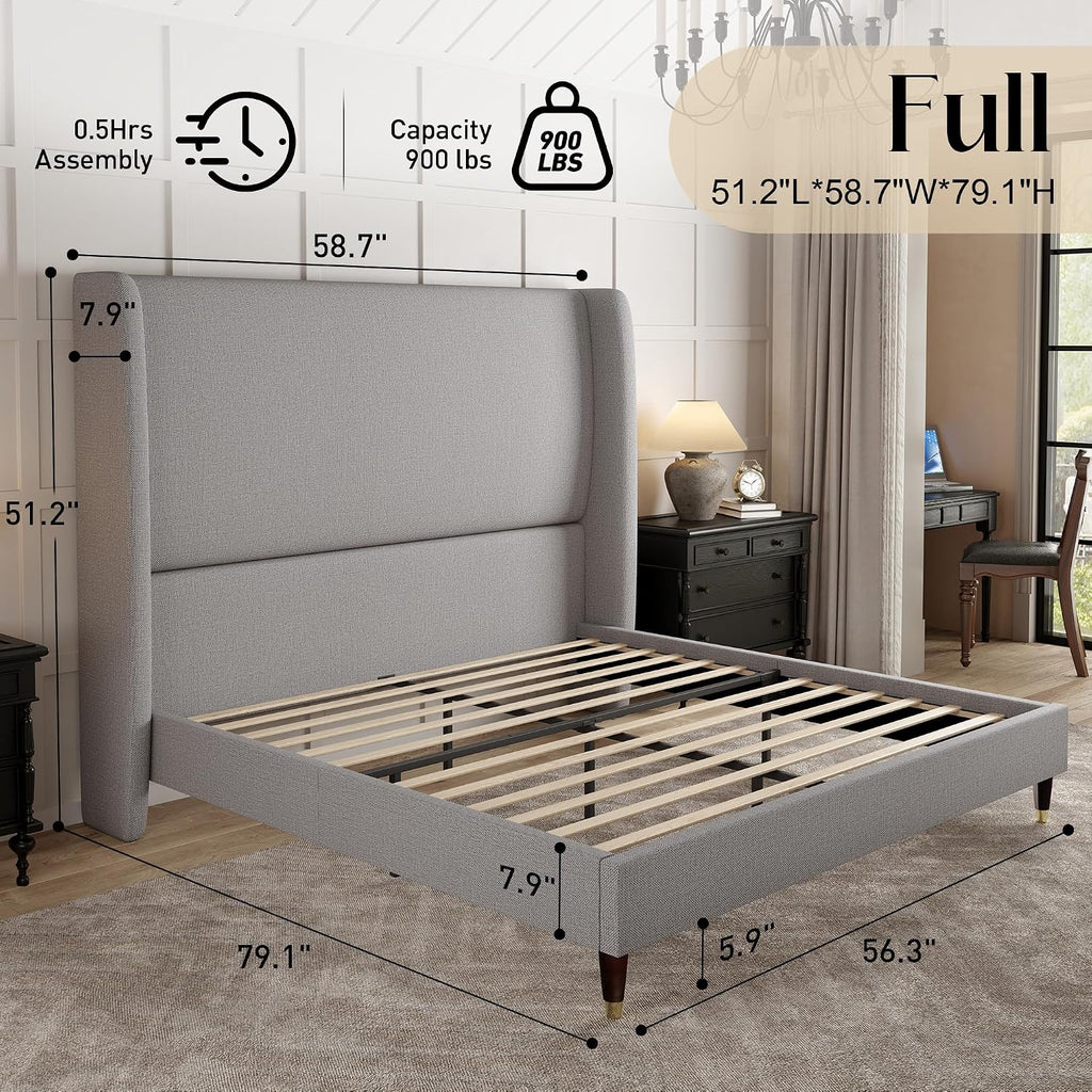 PaPaJet Full Size Bed Frame with 51.2' Wingback Headboard,Line Upholstered Platform Bed,Solid Wood Legs,No Box Spring Needed,Noise-Free&Easy Assembly,for Teen Girls, Dorm, Small Bedroom,Light Grey