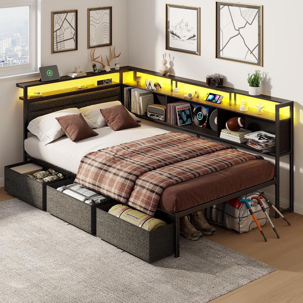 OURPIC Corner Bed Frame with Storage Bookcase and LED Lights, Twin Size Bed Frames with Upholstered Headboard and Charging Station, Twin Daybed with 3 Storage Drawers, Black