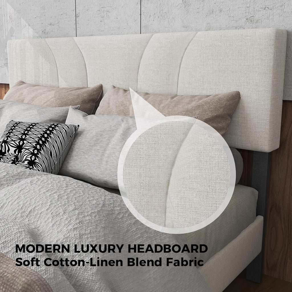 EVLIQUIL Platform Bed Frame Full Size with Fabric Upholstered Headboard and Wooden Slats Support, Fully Upholstered Mattress Foundation, No Box Spring Needed & Easy Assembly, Beige