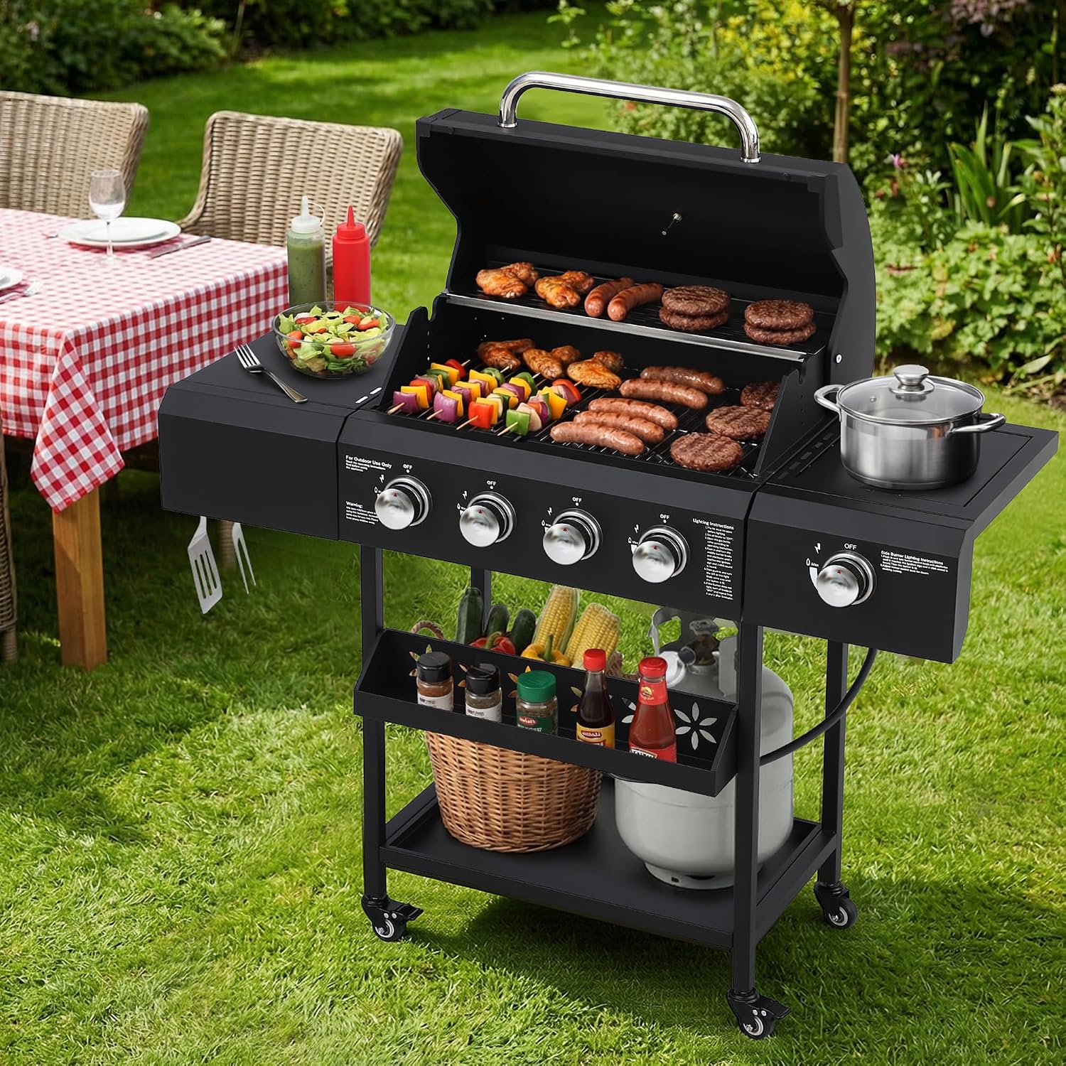 4-Burner Gas Grill with Side Burner, Outdoor BBQ Grill with Hooks, Built-In Thermometer, Stainless Steel Grate, 50000BTU Propane Grills W/Side Shelf for Outdoor Cooking & Patio Barbecue