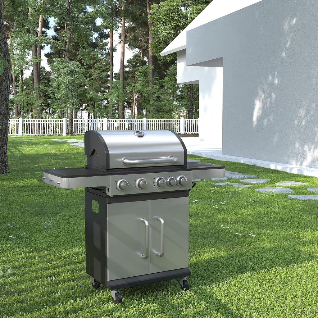 DIFY 4-Burner Propane Gas BBQ Grill with Side Burner and Porcelain-Enameled Cast Iron Grates, 46500 BTU Output Stainless Steel Grill for Outdoor Cooking Kitchen & Patio Backyard Barbecue, Silver