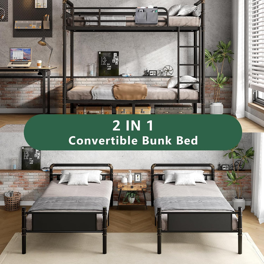 Jocoevol Metal Bunk Bed Twin Over Twin, Industrial Bunkbeds Heavy Duty Bed with Safety Guard Rails and Space-Saving Design, Steel Bed for School, Bedroom (Black)