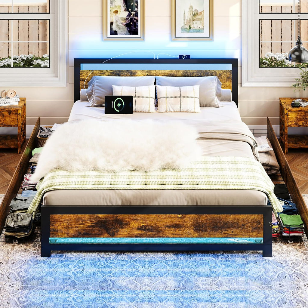 Ailisite King Size Bed Frame with 4 Storage Drawers, Rustic Farmhouse Wood Bed Frame with Headboard and Charging Station, Metal King Platform Bed with Led Lights, No Box Spring Needed, Noise Free