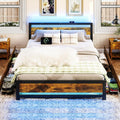 Ailisite King Size Bed Frame with 4 Storage Drawers, Rustic Farmhouse Wood Bed Frame with Headboard and Charging Station, Metal King Platform Bed with Led Lights, No Box Spring Needed, Noise Free
