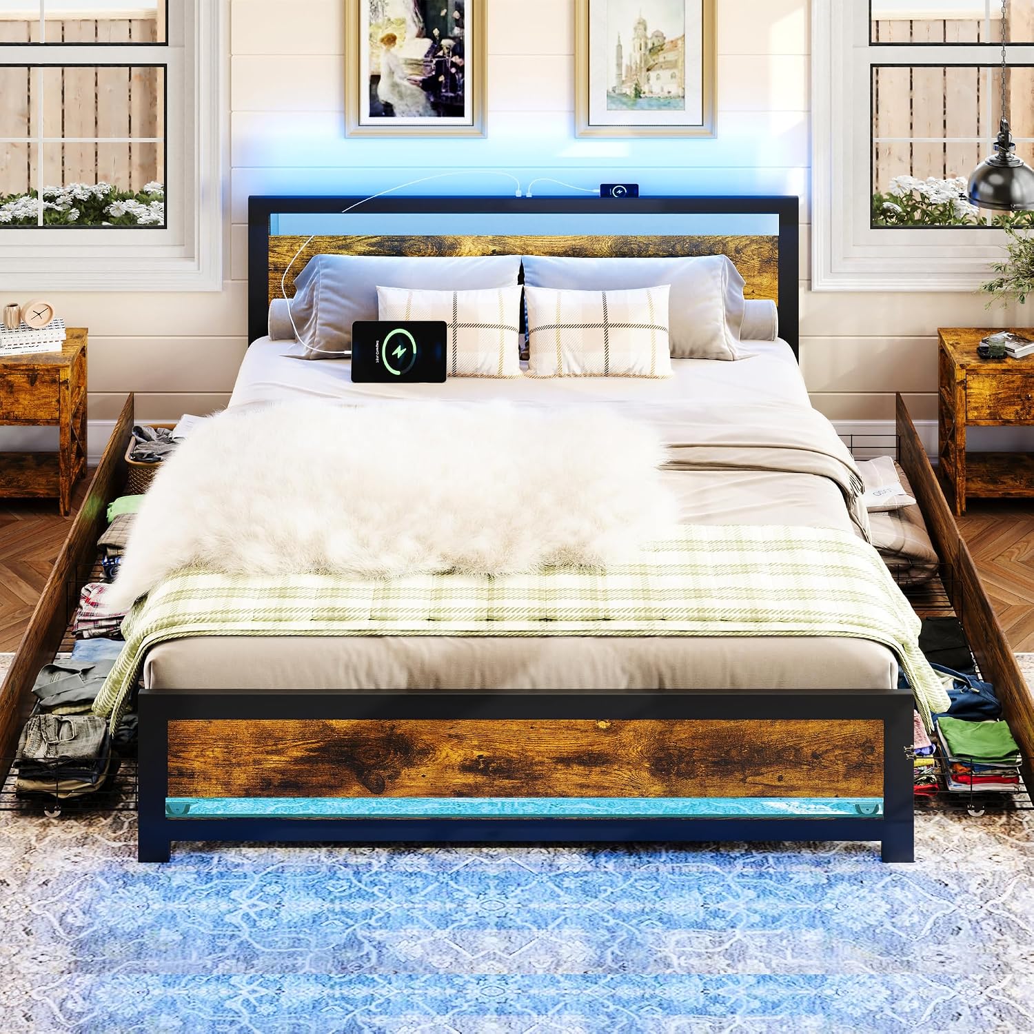 Ailisite King Size Bed Frame with 4 Storage Drawers, Rustic Farmhouse Wood Bed Frame with Headboard and Charging Station, Metal King Platform Bed with Led Lights, No Box Spring Needed, Noise Free