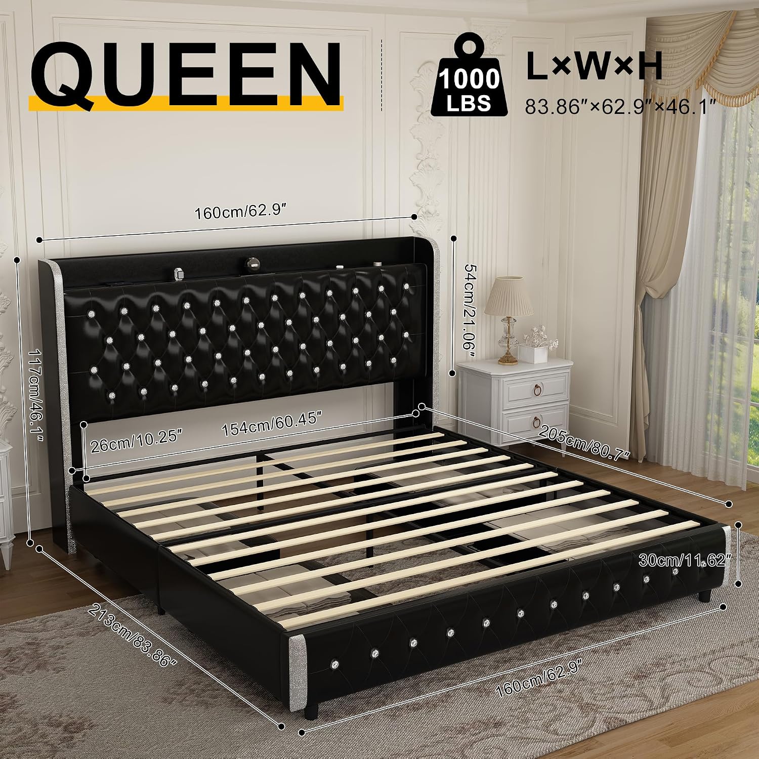 GEGOFORU Queen Bed Frame with LED Lights & Galaxy Projector, Modern Wingback Platform with 4 Storage Drawers, USB Ports, Noise-Free Solid Wood Slats, No Box Spring Needed, PU Black