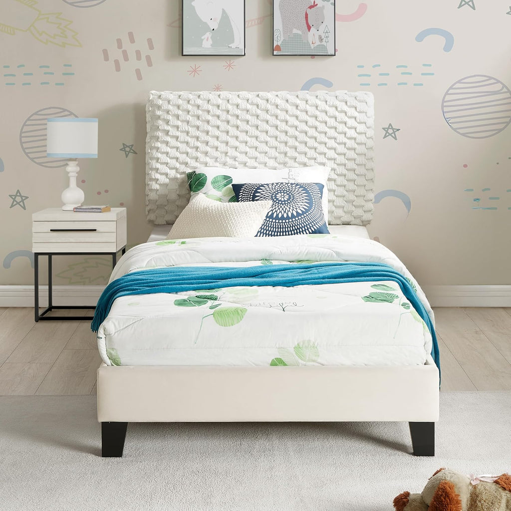 Roundhill Furniture Findlay 2-Piece Bedroom Set, Plush 3D Upholstered Bed with Nightstand, Twin