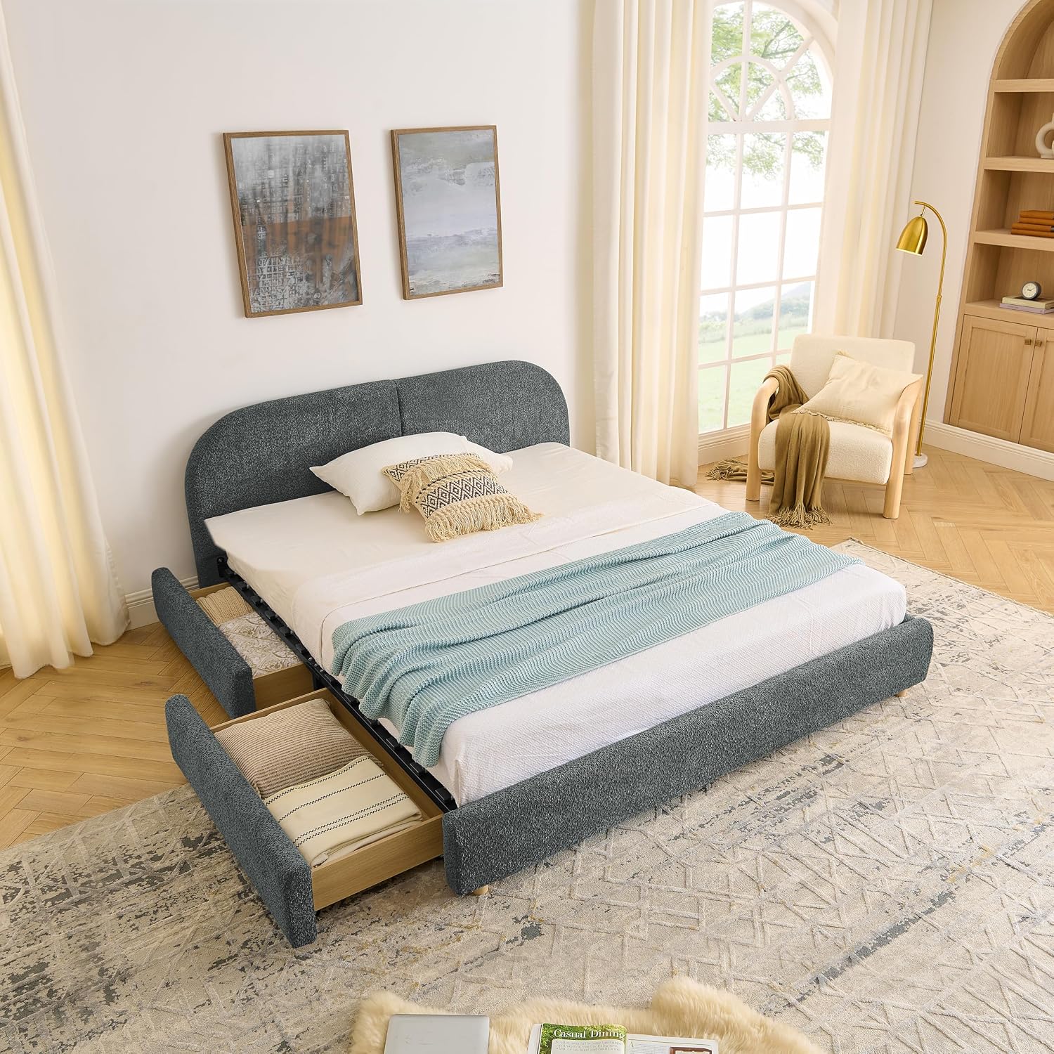 Queen Size Floor Bed Frame with 4 Wheeled Storage Drawer and Tall Curved Headboard, Modern Minimalist Style Upholstered Platform Bed Frame, Wooden Slats Support, Easy Assembly, Dark Grey