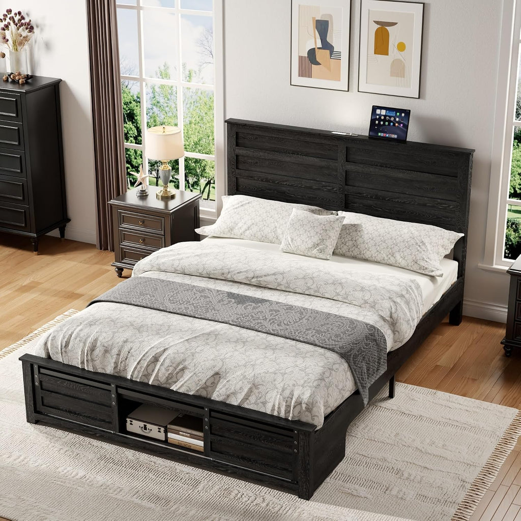 Wooden Bed Frame Queen Size with Headboard & Sliding Barn Door Storage Footboard, Farmhouse Platform Bedframe with Charging Station and LED Lights, No Box Spring Needed, Black