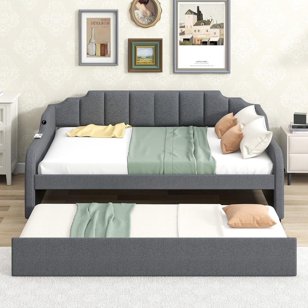 Daybed with Trundle and USB Charging Design, Full Size Upholstery Day Bed Frame, Trundle can be Flat or erected,Grey