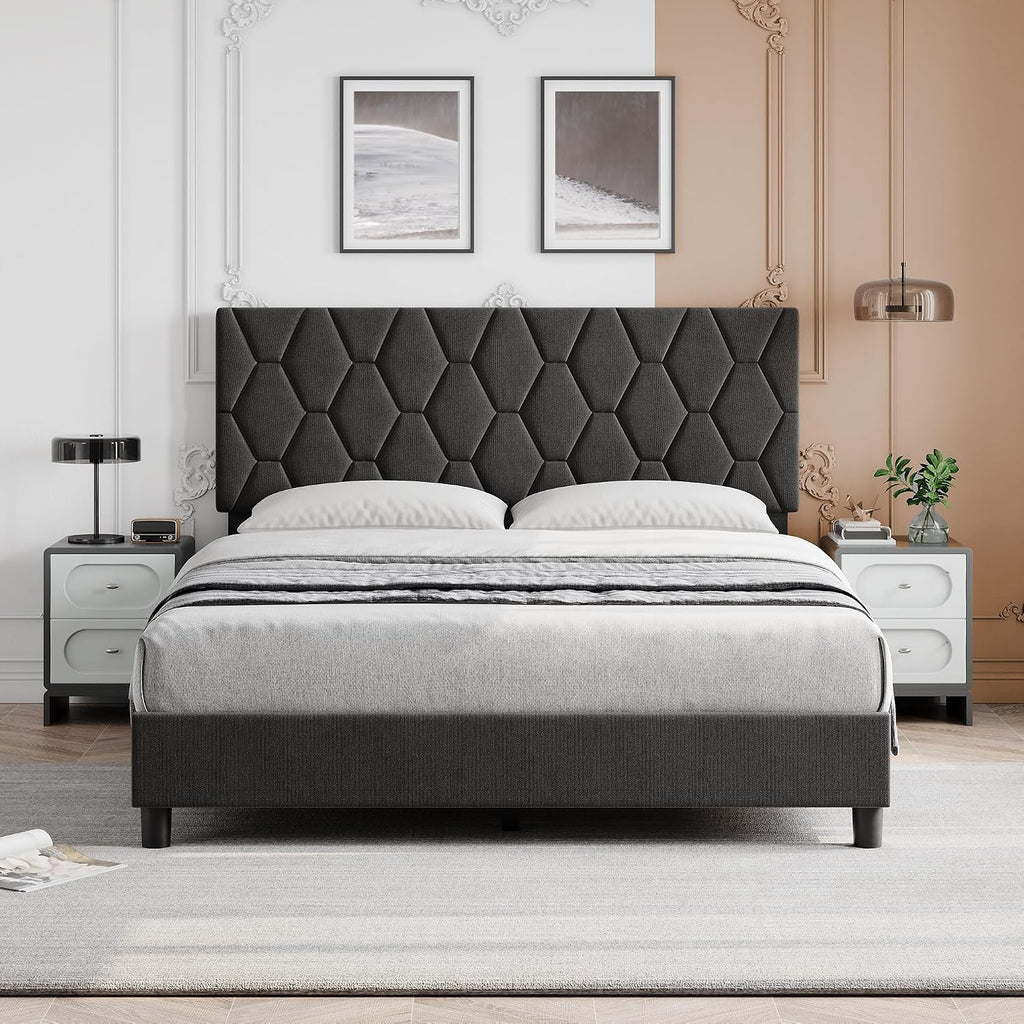 GarveeHome Queen Bed Frame with Upholstered Headboard, Heavy-Duty Platform Bed Frame with Strong Wood Slats, No Box Spring Needed/Noise Free/Easy Assembly, Gray