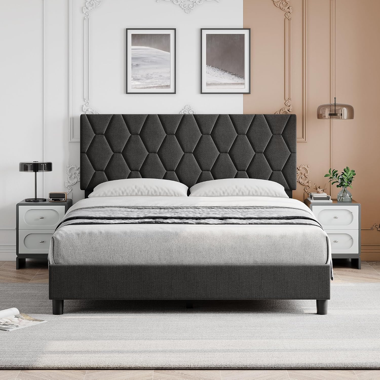 GarveeHome Queen Bed Frame with Upholstered Headboard, Heavy-Duty Platform Bed Frame with Strong Wood Slats, No Box Spring Needed/Noise Free/Easy Assembly, Gray