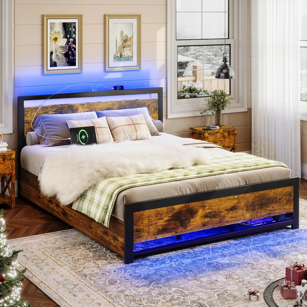 Ailisite Rustic Wood Queen Size Bed Frame with 4 Storage Drawers, Platform Storage Bed Queen with Headboard and Charging, LED Queen Bed Frame, Heavy Duty Metal Slats,No Noise,No Box Spring Needed