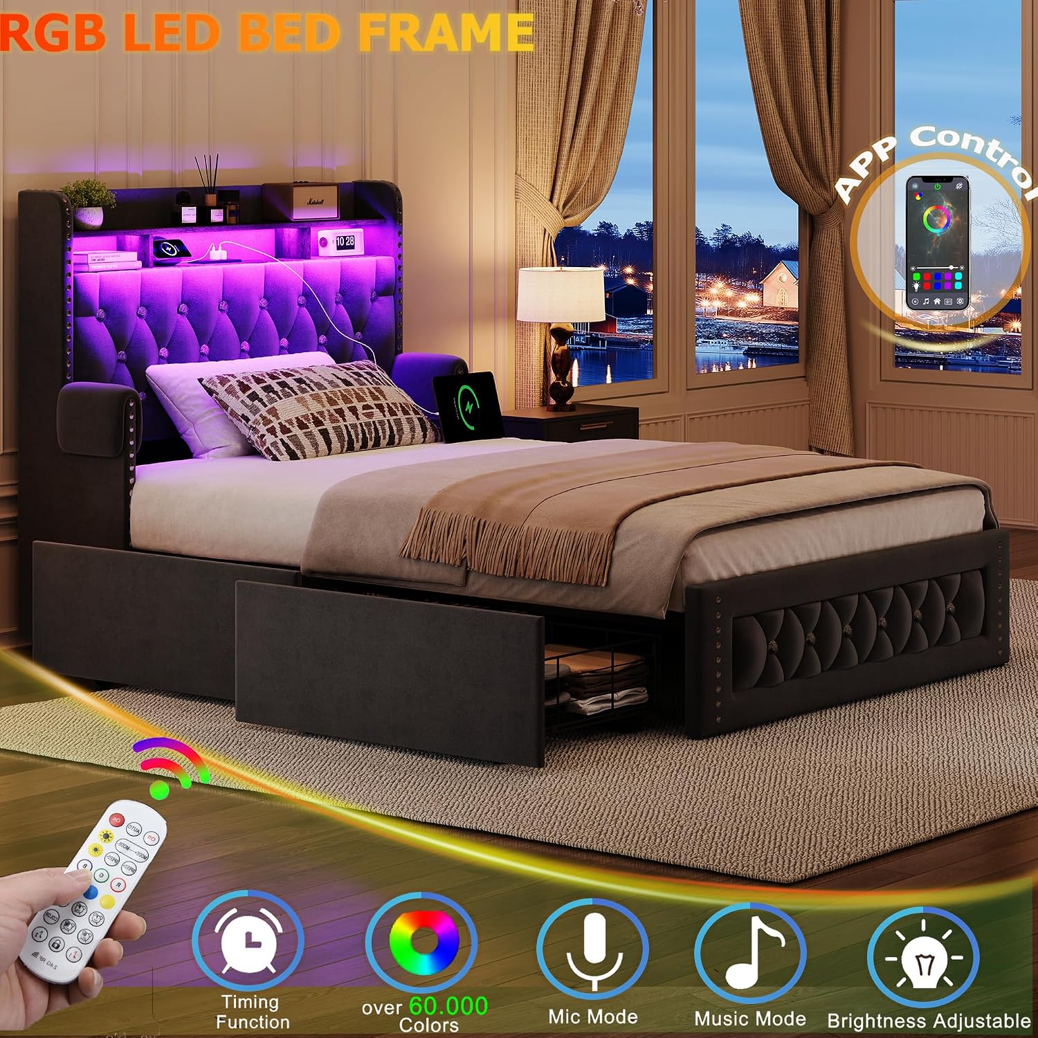 Ailisite Twin Size Bed Frame with 4 Storage Drawers and RGB Led Lights,Velvet Upholstered Platform Bed with Charging Station and Bookcase Storage Headboard, with Crystal and Rivet Deco, Grey