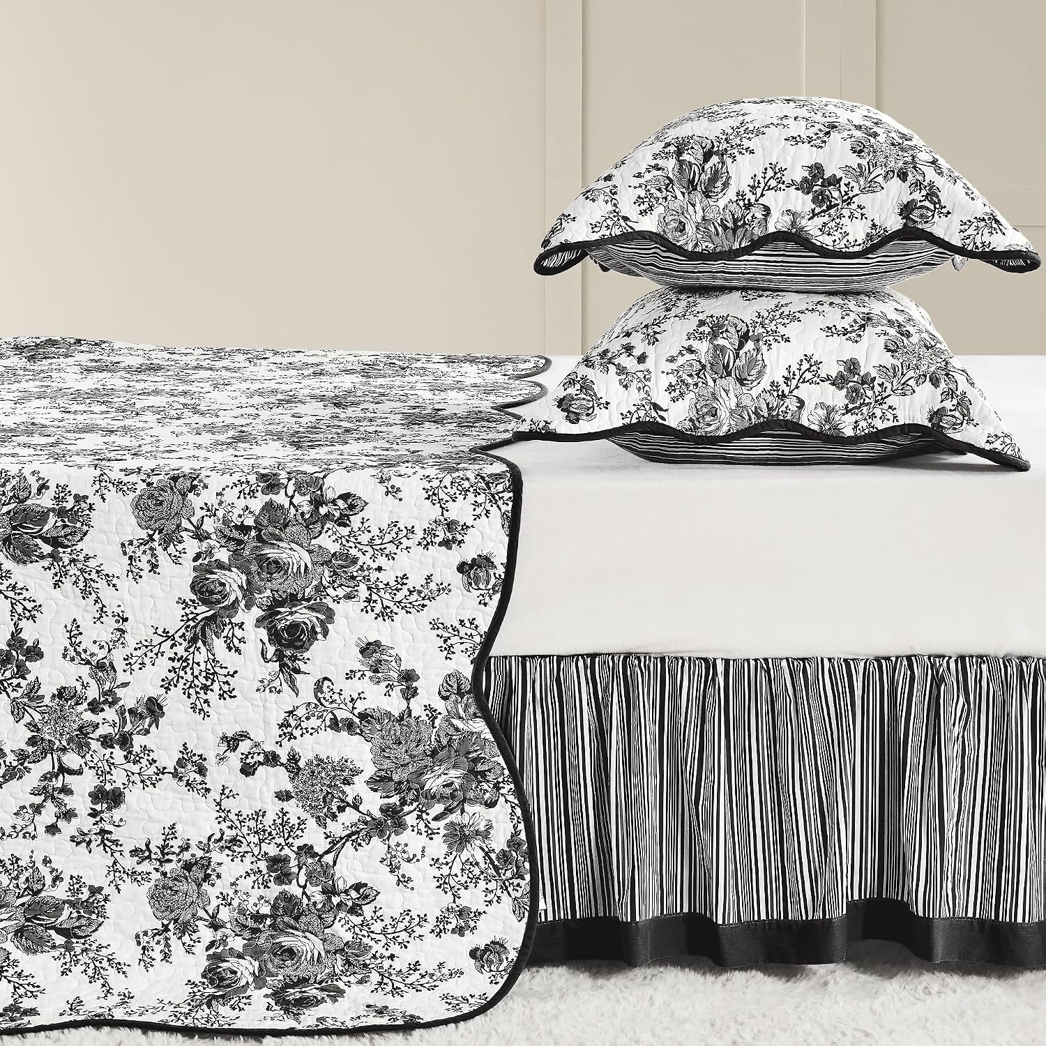 Wonderful 100% Cotton Black Floral Quilt Set King Size Bedding Sets with Pillow Shams and Bed Skirt, 4 Pieces Floral Bedspread Coverlet Set, Quilted Blanket Bed Cover for All Season, 104'x90'